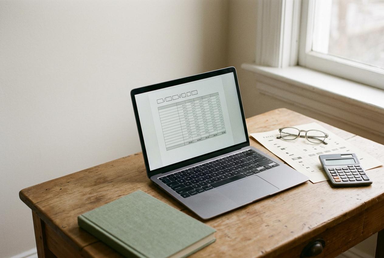 A laptop displaying a hiring bias-audit table beside a printed job notice and handwritten calculation notes.